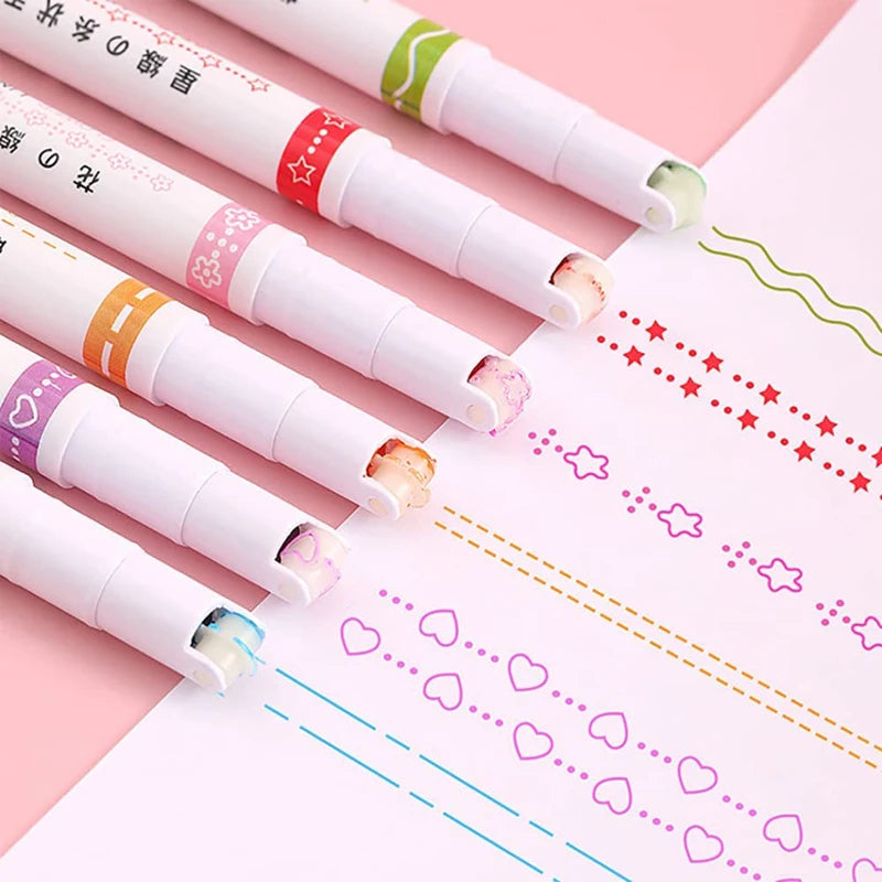 6 in 1 Linear Colour Pen Highlighter Pen Linear Color Pens Marker for Art Kids Student Card-decorating,Writing, Drawing
