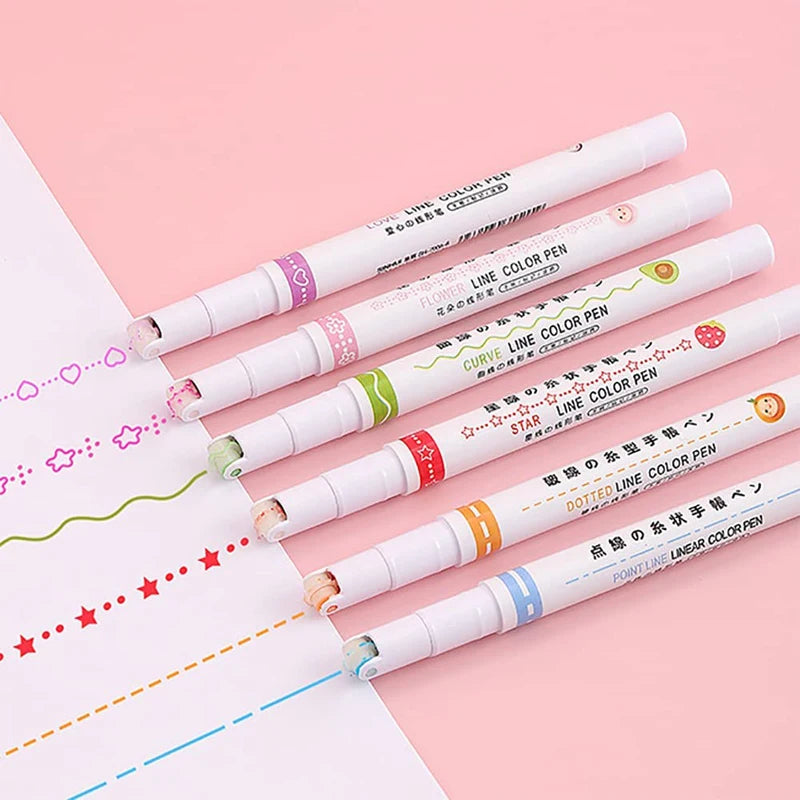 6 in 1 Linear Colour Pen Highlighter Pen Linear Color Pens Marker for Art Kids Student Card-decorating,Writing, Drawing