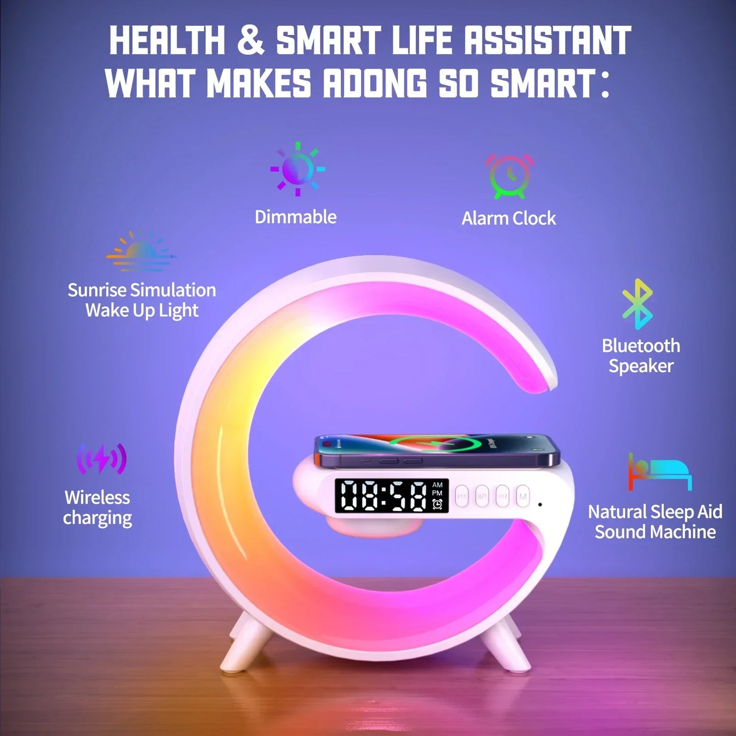 RGB Night Light Lamp Multifunction Alarm Clock TF Blueotooth Speaker 15W Wireless Charger Station Pad For iPhone